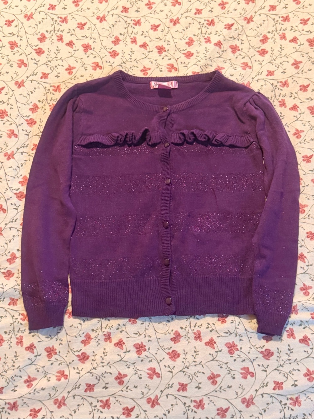 Girls' Purple Ruffle-Trim Button Cardigan Sweater - Unbranded